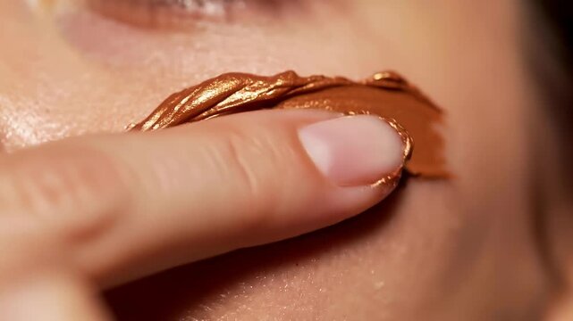 Close up of a woman applying bronze metallic face mask on skin for glowing beauty treatment