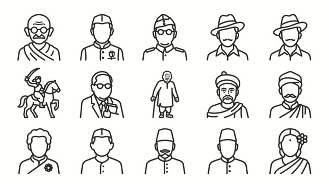 Set of Indian historical freedom fighter and personality line icons.