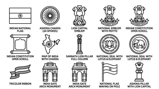 Set of outline icons representing Indian national symbols and monuments.