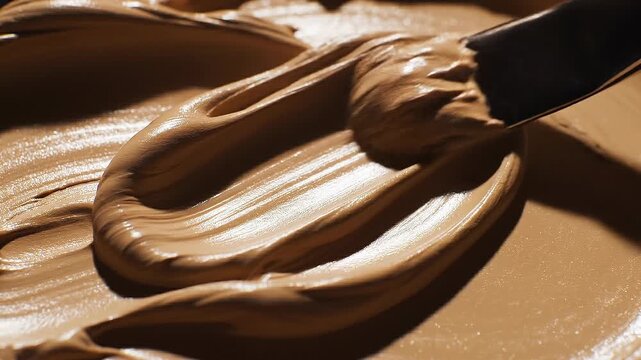 Smooth creamy chocolate spread being evenly spread with a knife close up