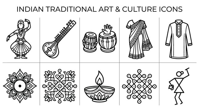 Set of Traditional Indian Cultural Icons and Symbols.
