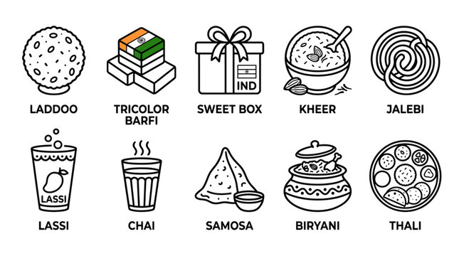 Set of ten traditional Indian food and drink icons in doodle style.