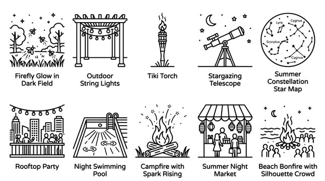 Set of ten hand drawn summer night activity icons.
