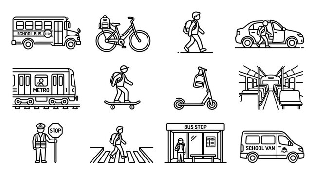 Set of school transportation and student commuting line art icons.