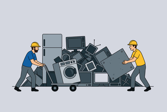 Environmental workers in safety helmets moving old appliances and electronic waste for recycling at a processing facility.