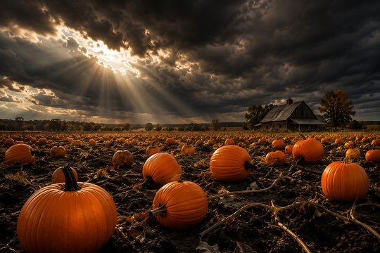 Autumn pumpkin patch field under dramatic storm clouds with rustic barn for Halloween background