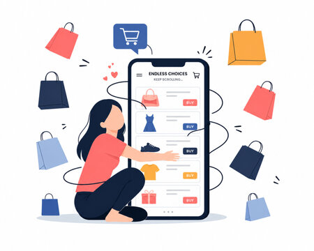 Online Shopping Addiction Concept with Person Surrounded by Floating Shopping Bags and Endless Products on Smartphone Flat Vector Illustration
