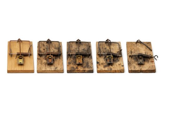 Three wooden mouse traps with metal handles, useful for hunting or as decorative items