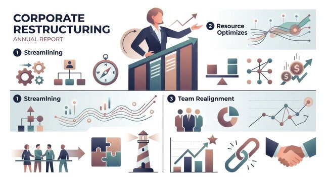 Corporate restructuring concept with strategic planning and team reorganization visual elements