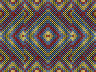 Fototapeta premium Colorful knit pattern with layered diamond motifs and geometric symmetry in blue, yellow, and red. Ideal for sweaters, scarves, blankets, cushions, and fashion textiles.