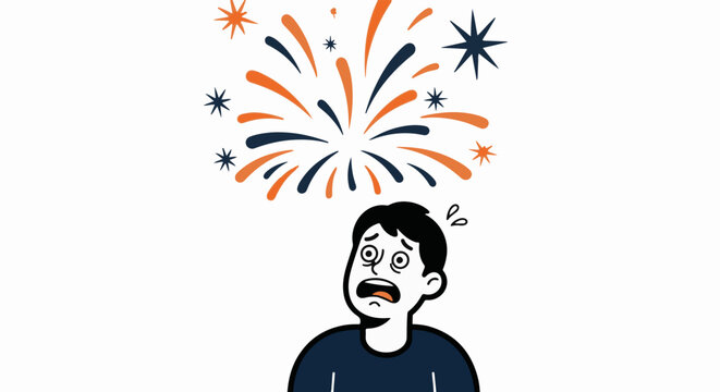 Overwhelmed person with fireworks exploding above head illustration.