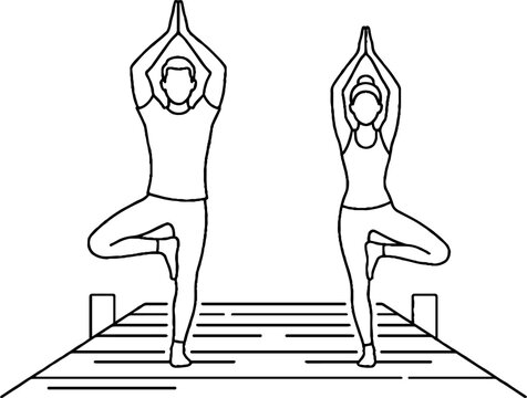 Two people practicing yoga tree pose on wooden platform.