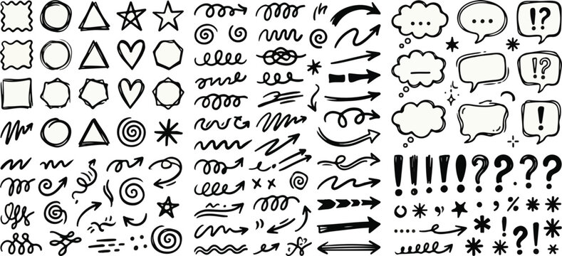 Hand drawn shape outlines arrow symbols and speech bubble doodles
