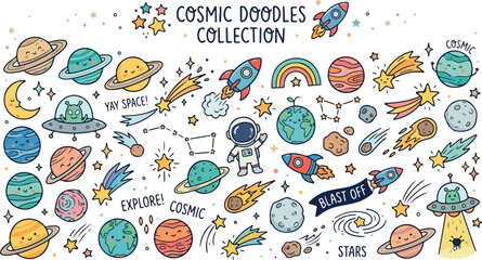 Naklejka premium Cosmic space exploration astronaut and planets colorful vector doodle set