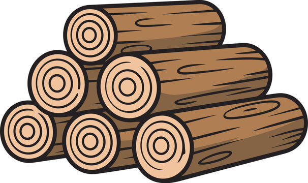 Cartoon wood log stack illustration, vector design featuring a pile of cut logs with visible tree rings, bark texture, and natural details in a playful style ideal for forest, camping, lumber, 