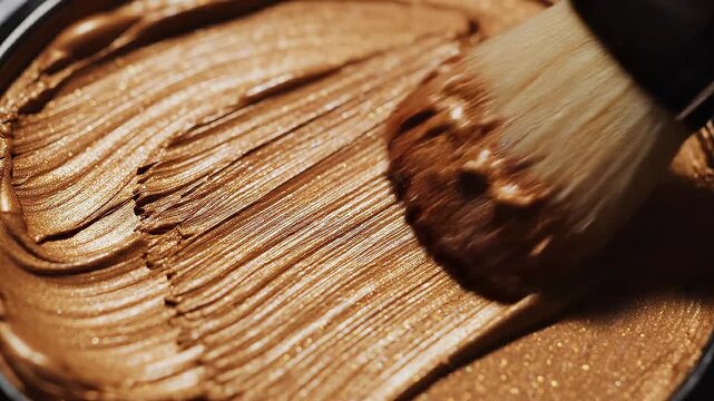 Close up of shimmering bronze cream makeup texture with brush strokes and metallic finish