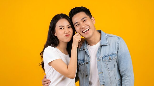 Young Asian couple playfully interacting, woman pinching man's cheek while he laughs, both expressing joy and affection on a vibrant yellow studio background.