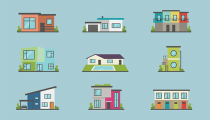 Obraz premium Beautiful collection of modern houses showing various architectural styles with unique designs and colorful facades.