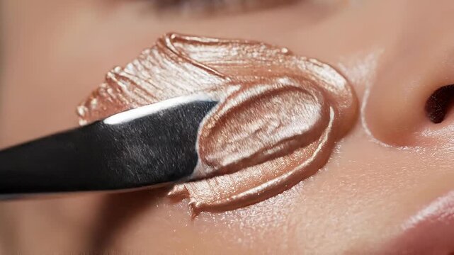 Close up of shimmering bronze makeup cream being applied on smooth facial skin with a brush for glowing beauty