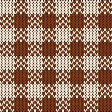 Seamless Nordic Knitting Pattern with Brown and Cream Gingham Check Ornament