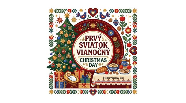 Traditional christmas folk art illustration with festive ornaments