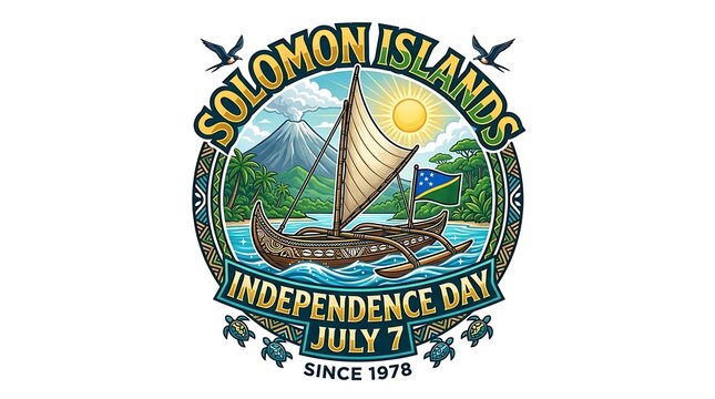 Solomon islands independence day emblem with canoe and volcano