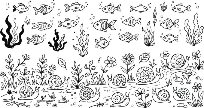 Undersea world with fishes seaweed and land snails doodle illustration