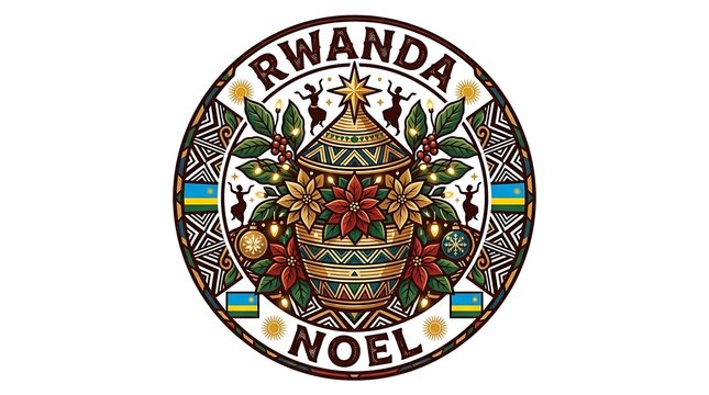 Festive rwanda noel emblem with traditional basket and poinsettias