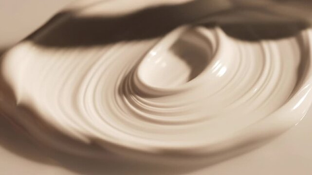 Close up of creamy cosmetic moisturizer cream texture with smooth swirl pattern in neutral tones