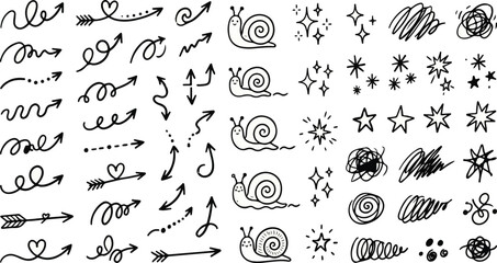 Obraz premium Hand drawn snail cartoon stars and wavy arrow doodles set
