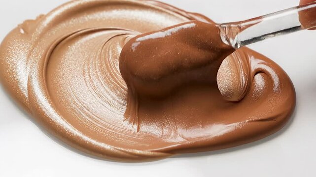 Close up of smooth creamy liquid chocolate spread being mixed on white surface