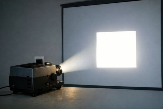 A projector sitting in front of a screen, ready to display an image or movie