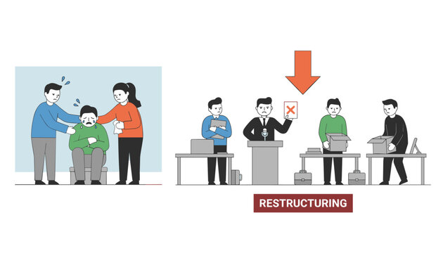 Corporate restructuring infographic showing fired employees packing boxes and receiving layoff notices with sadness.