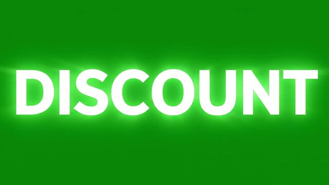 Discount word written in bright white glowing letters against a solid green background providing a dynamic visual motion clip for modern retail marketing sale event announcements