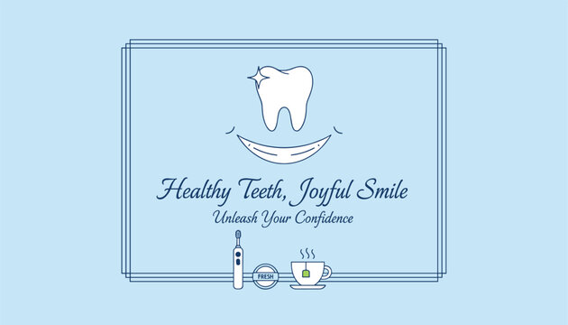 Healthy teeth and joyful smile dental care concept with toothbrush floss and tea cup illustration on blue background.