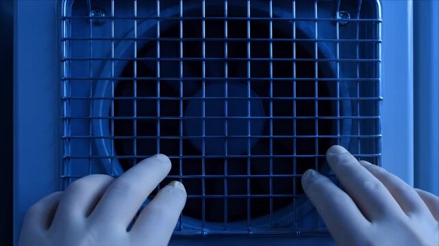 Industrial battery cooling fan closeup behind metal safety grid with protective hand touching blue surface during ventilation unit safety check and airflow inspection in blue laboratory environment
