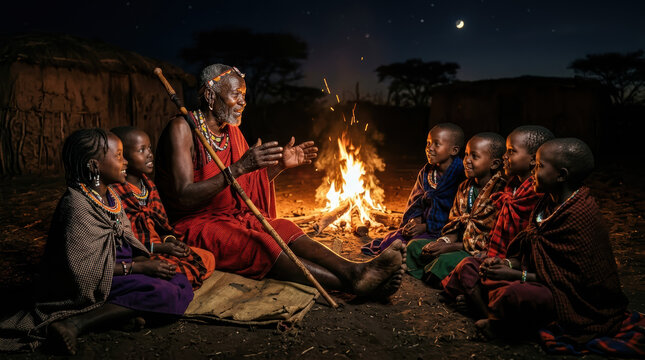 Elder child campfire storytelling tribe night village tradition culture family