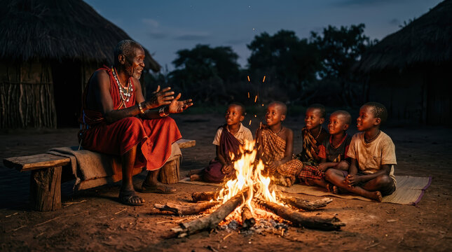 Elder child storytelling campfire village family tradition culture night fire