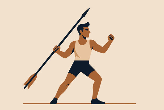Athletic male warrior in a dynamic combat pose holding a long spear or javelin ready for throwing in an ancient sports competition.