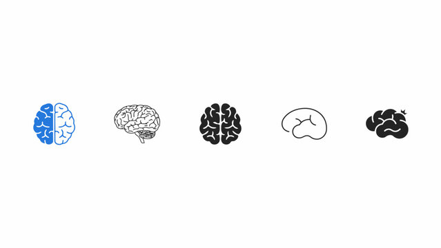 Five different brain icons in simple black and blue styles