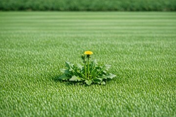 Obraz premium A lone dandelion grows in a green field, surrounded by nature