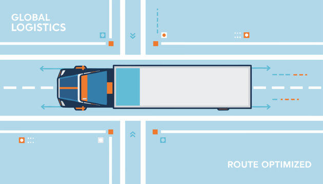 Top down view of a cargo delivery truck driving on an optimized route highway global logistics illustration.