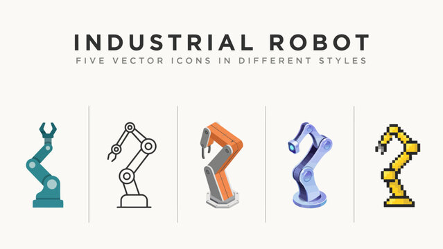 Five industrial robot vector icons in different modern styles