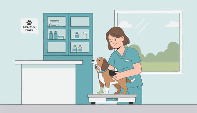 Caring female veterinarian nurse placing a cute beagle dog on a scale inside animal clinic vector illustration.