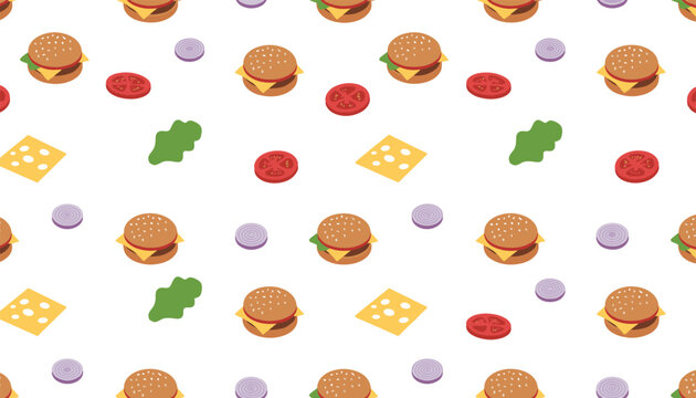 Seamless fast food repeat pattern featuring delicious mini hamburgers cheese slices tomatoes and red onions vector.