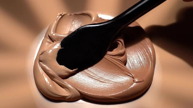 Close up of creamy chocolate spread being spread with a knife on a smooth surface