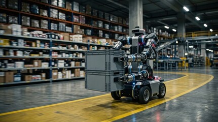 Fototapeta premium Autonomous humanoid robot carrying storage crates in a modern warehouse