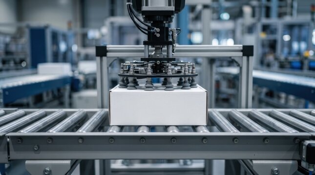 Industrial robotic arm with vacuum suction cups picking up a cardboard box
