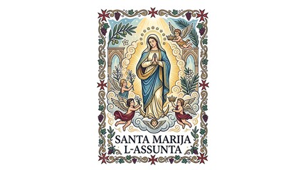 Obraz premium Catholic illustration of the assumption of mary with angels and frame