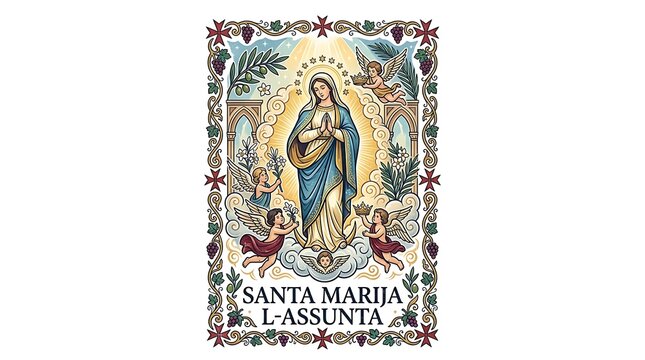 Catholic illustration of the assumption of mary with angels and frame